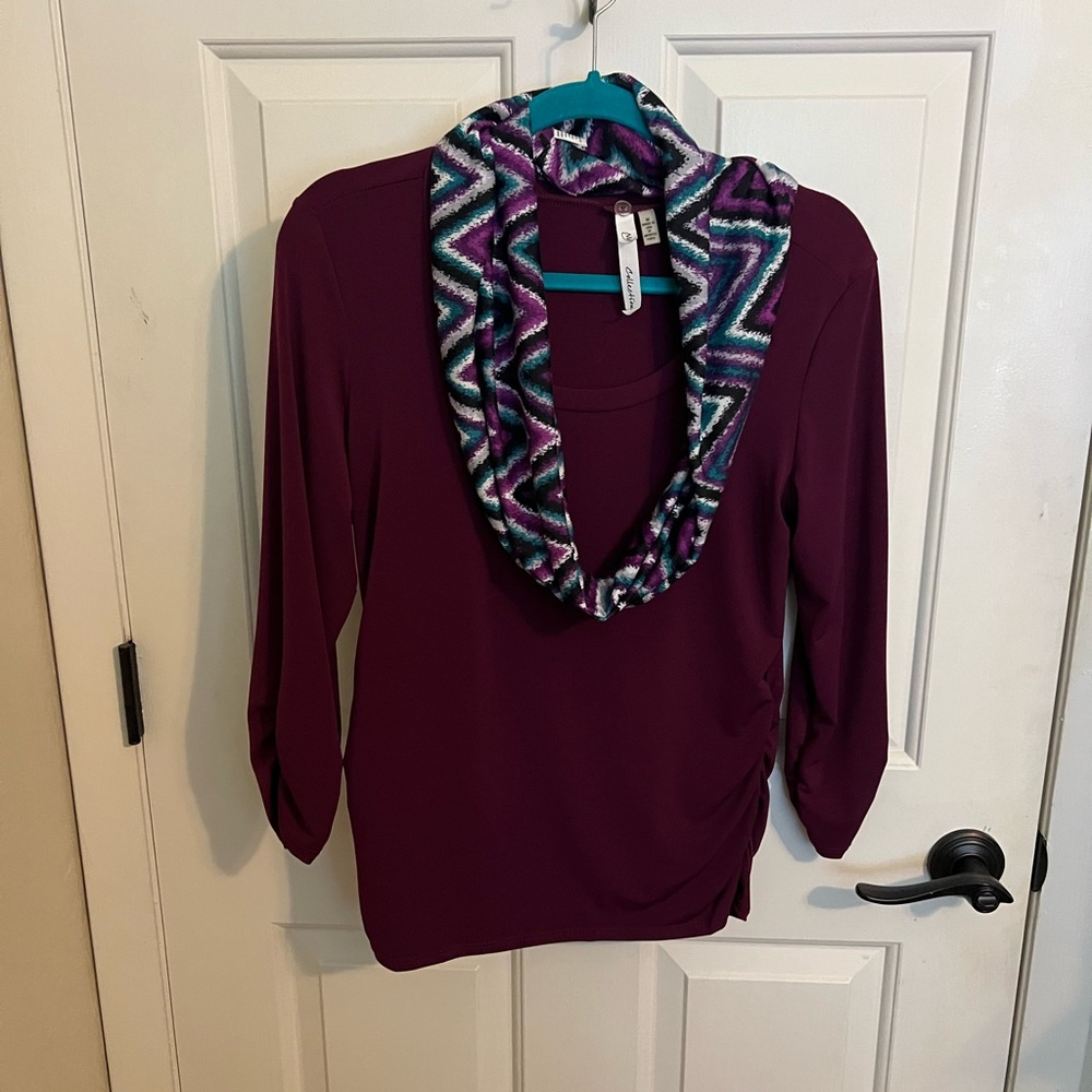 Burgundy long sleeve top with matching scarf